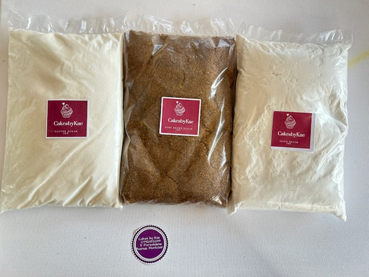 Icing sugar, Castor sugar & Dark brown sugar